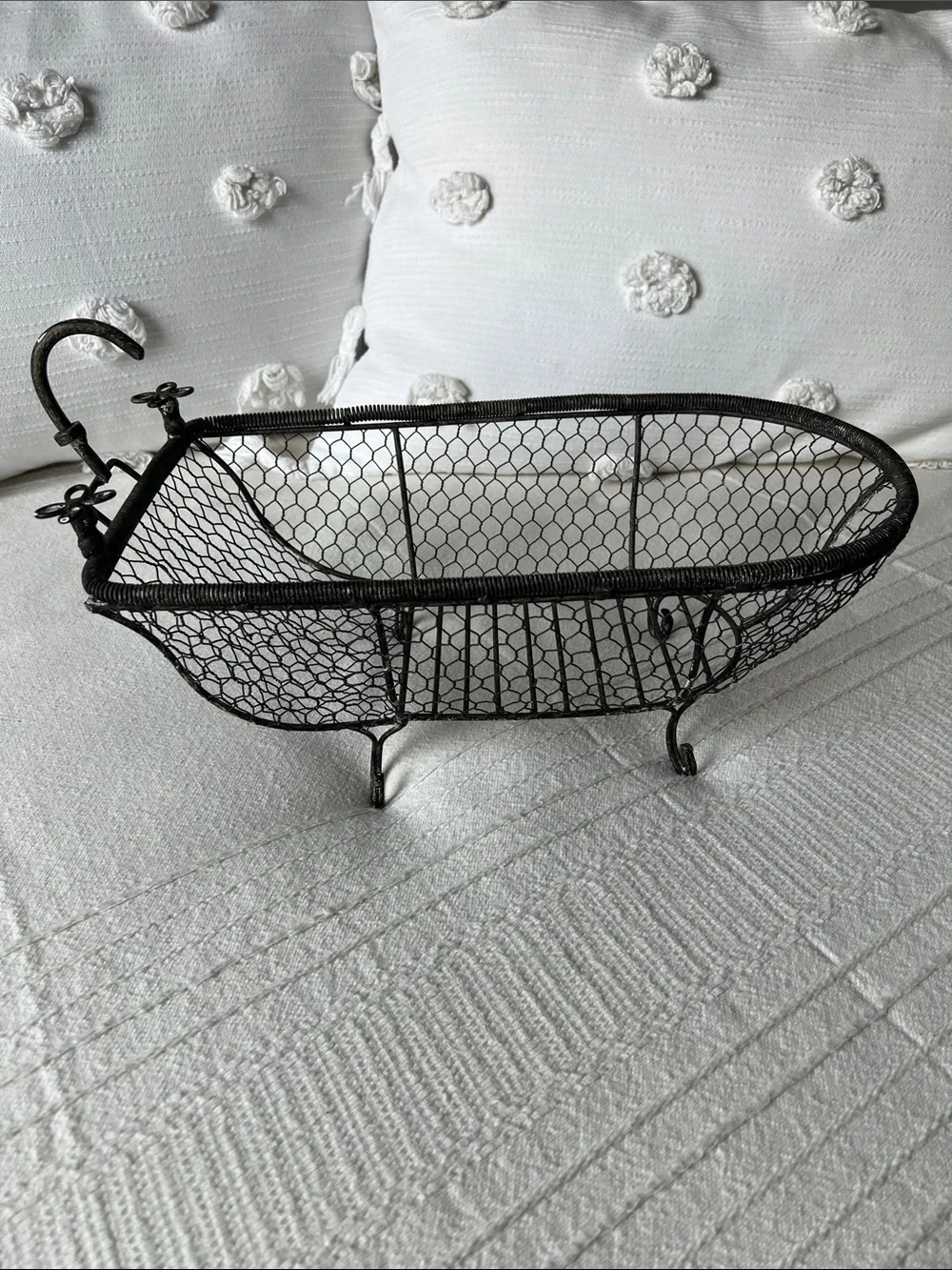 Vintage, French Country style Black Wire Mesh Bathtub Decorative Basket